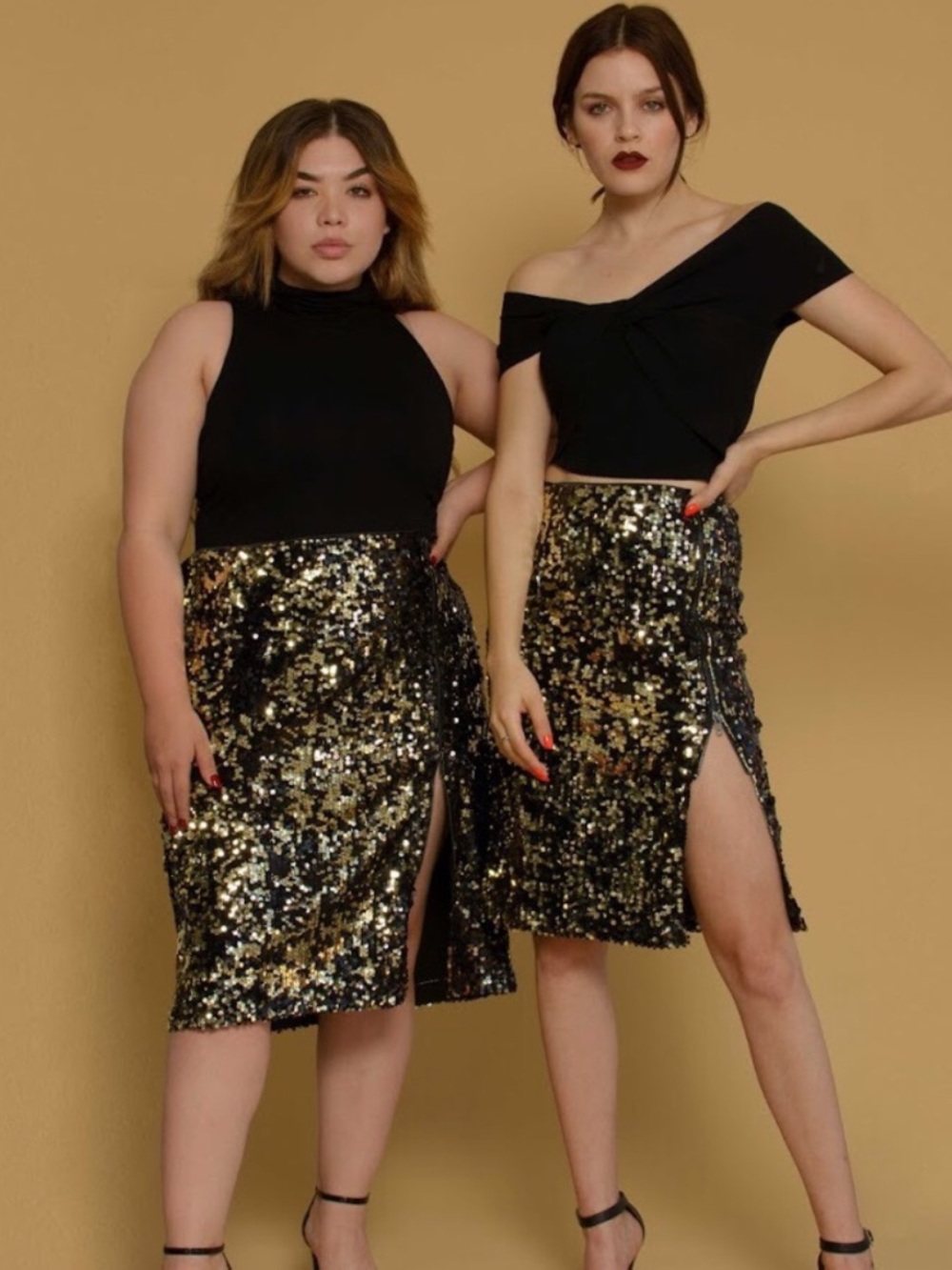 NWT Skies Are Blue Black & Gold Sequin Midi Skirt